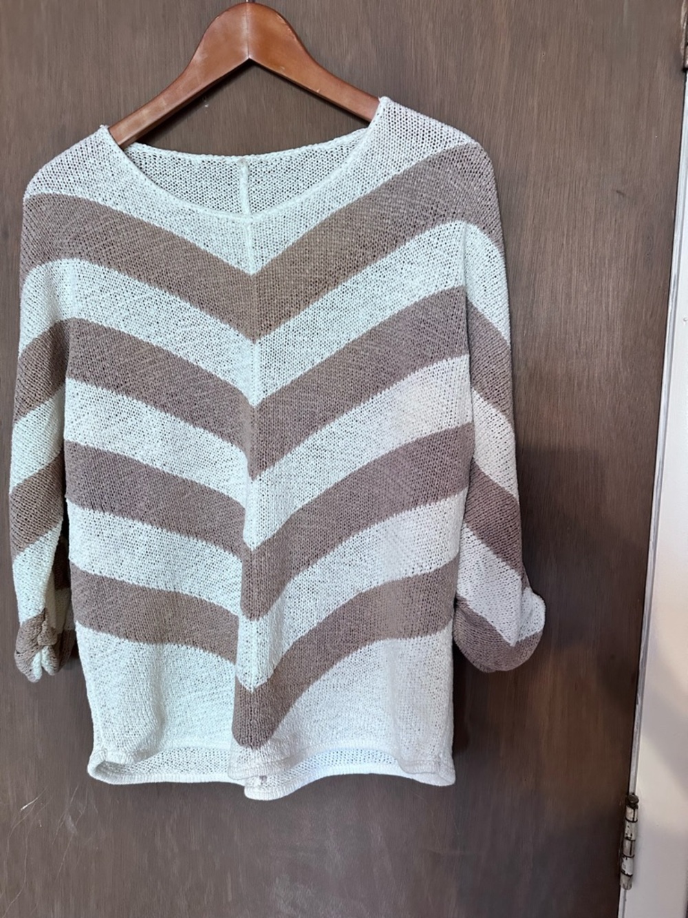 Striped V-Neck Women's Sweater in Cream and Brown